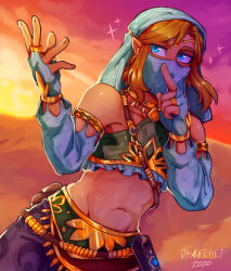 Rule 34 | 1boy, artist name, blonde hair, blue eyes, bracelet, bridal gauntlets, cloud, commentary, crop top, crossdressing, dated, daxratchet, desert, earrings, english commentary, evening, gloves, gradient sky, groin, highres, jewelry, link, long hair, looking away, male focus, midriff, mouth veil, navel, nintendo, official alternate costume, orange background, orange sky, pink background, pointy ears, ring, sidelocks, signature, sky, solo, sparkle, stomach, sun, sunset, the legend of zelda, the legend of zelda: breath of the wild, thick eyebrows, toned, toned male, veil