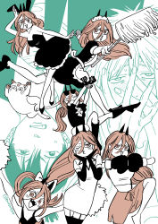 Rule 34 | 1girl, 2boys, absurdres, animal ears, annoyed, apron, black dress, black horns, blush, bow, boxing gloves, brown eyes, brown hair, cat, chainsaw man, clone, closed eyes, collared shirt, covering face, cross-shaped pupils, cuffs, denji (chainsaw man), dress, elbow gloves, eyewear on head, fake animal ears, formal, garter straps, gloves, hair between eyes, hair bow, hat, hayakawa aki, high heels, highres, holding, holding mop, horns, kotomaru, leaning to the side, limited palette, long hair, looking at viewer, maid, maid apron, maid headdress, meowy (chainsaw man), midriff, mop, multiple boys, necktie, nurse, nurse cap, one eye closed, open mouth, power (chainsaw man), puckered lips, rabbit ears, shirt, short hair, solo focus, strapless, suit, sunglasses, sweat, symbol-shaped pupils, topknot, white cat