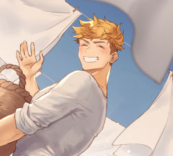 Rule 34 | 1boy, bara, basket, blonde hair, blush, closed eyes, clothes, day, from behind, granblue fantasy, higashigunkan, holding, light, looking at viewer, lowres, male focus, muscular, outdoors, pectorals, shirt, sky, solo, teeth, toned, toned male, upper body, vane (granblue fantasy), waving, white shirt