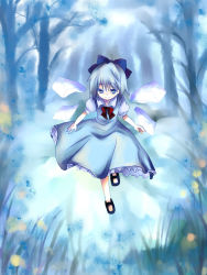 Rule 34 | 1girl, bad id, bad pixiv id, blue hair, cirno, dress, female focus, flower, forest, nature, nightbug, outdoors, plant, ribbon, solo, touhou, wings