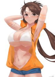 Rule 34 | 1girl, absurdres, armpits, arms behind head, arms up, bad id, bad twitter id, bare shoulders, beads, bikini, bikini top only, blue shorts, breasts, brown eyes, brown hair, cleavage, collarbone, contemporary, denim, denim shorts, drawstring, facial mark, fate/grand order, fate (series), forehead, forehead mark, heroic spirit tour outfit, highres, himiko (fate), himiko (tour outfit) (fate), hood, hooded vest, hoodie, kasumi saika, large breasts, long hair, looking at viewer, orange vest, short shorts, shorts, smile, solo, swimsuit, topknot, twintails, vest, white bikini, zipper