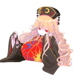 Rule 34 | 1girl, :t, black dress, blonde hair, breasts, character doll, cropped torso, dress, fingernails, hand on own cheek, hand on own face, hands up, highres, holding, huge breasts, junko (touhou), long hair, long sleeves, looking down, mature female, phoenix crown, red eyes, reisen udongein inaba, simple background, sleeves past wrists, smile, solo, t0fusan, tabard, table, touhou, very long hair, wavy hair, white background, wide sleeves