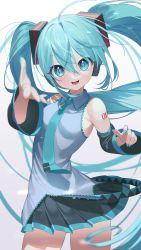 Rule 34 | 1girl, absurdres, aqua eyes, aqua hair, aqua nails, bad id, bad pixiv id, black skirt, black sleeves, blue necktie, blurry, blurry foreground, cowboy shot, depth of field, detached sleeves, grey shirt, hair between eyes, hatsune miku, highres, looking at viewer, mono (mono zzz), nail polish, necktie, number tattoo, open mouth, pleated skirt, shirt, shoulder tattoo, skirt, sleeveless, sleeveless shirt, smile, solo, standing, tattoo, twintails, vocaloid