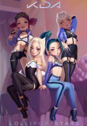 4girls, ahri, akali, animal ears, asymmetrical clothes, baseball cap, breasts, candy, commentary, crystal tail, english commentary, evelynn (league of legends), eyeshadow, flat chest, food, fox ears, fox girl, fox tail, garter straps, hat, idol, k/da (league of legends), kai&#039;sa, league of legends, lollipop, long hair, makeup, marmalade mum, multiple girls, single pantsleg, small breasts, tail, the baddest ahri, the baddest akali, the baddest evelynn, the baddest kai&#039;sa, thighhighs, younger, zettai ryouiki