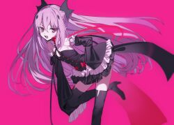 Rule 34 | 1girl, bare shoulders, black dress, boots, detached sleeves, dress, fangs, flat chest, high heel boots, high heels, highres, krul tepes, leaning forward, long hair, looking at viewer, nitrio, open mouth, owari no seraph, pink background, pink eyes, pointy ears, purple hair, short dress, simple background, sleeves past fingers, sleeves past wrists, solo, standing, standing on one leg, teeth, thigh boots, vampire