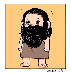 Rule 34 | 1boy, alternate species, arms at sides, barefoot, beard, black hair, blush, covered mouth, dated, dungeon meshi, facial hair, full body, grey robe, hair slicked back, halfling, long beard, looking at viewer, male focus, no headwear, nose blush, nrnkncj, robe, senshi (dungeon meshi), senshi (half-foot) (dungeon meshi), simple background, sleeveless, solo, yellow background