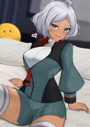 Rule 34 | 1girl, :d, absurdres, ahoge, ball, bed, blurry, blurry background, breasts, dark-skinned female, dark skin, green eyes, green jacket, gundam, gundam suisei no majo, heart, highres, jacket, large breasts, leaning back, looking at viewer, nassss, on bed, open mouth, pillow, secelia dote, short hair, short shorts, shorts, sitting, smile, solo, thighhighs, thighs, uniform, white hair, white thighhighs