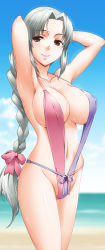 Rule 34 | 1girl, armpits, arms behind head, arms up, beach, braid, breasts, cleavage, cloud, day, female focus, hair ribbon, henshako, large breasts, long hair, midriff, navel, o-ring, o-ring swimsuit, ocean, outdoors, ribbon, shiny skin, silver hair, sky, slingshot swimsuit, smile, solo, strap gap, swimsuit, touhou, very long hair, yagokoro eirin