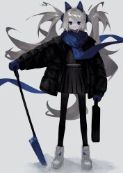 Rule 34 | 1girl, absurdres, animal ears, black jacket, black shirt, black skirt, blue eyes, blue gloves, blue scarf, commentary request, full body, gloves, grey background, grey hair, hair between eyes, highres, holding, jacket, long hair, long sleeves, looking at viewer, miyama (tokiwairo8), open clothes, open jacket, original, parted lips, pleated skirt, puffy long sleeves, puffy sleeves, scarf, shadow, shirt, shovel, simple background, skirt, snow shovel, solo, standing, tail, two side up, very long hair