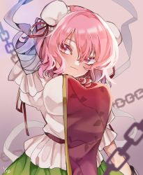 Rule 34 | 1girl, amputee, arm up, bandaged arm, bandages, blush, breasts, bun cover, chain, closed mouth, commentary request, double bun, flower, green skirt, hair between eyes, hair bun, ibaraki kasen, large breasts, looking at viewer, pink eyes, pink hair, pink tabard, red ribbon, ribbon, rose, shirt, short hair, short sleeves, signature, skirt, smile, solo, tabard, tori maru08, touhou, upper body, white shirt