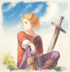 Rule 34 | 1boy, blonde hair, closed mouth, cotelier, dated, gustave xiii, highres, saga, saga frontier 2, signature, solo, sword, weapon