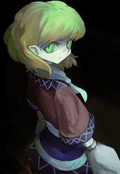 Rule 34 | 1girl, absurdres, arm warmers, black background, black skirt, blonde hair, blush, brown shirt, closed mouth, commentary, cowboy shot, from behind, frown, green eyes, highres, looking at viewer, looking back, mizuhashi parsee, mizuki 0630, sash, scarf, shirt, short hair, short sleeves, simple background, skirt, solo, touhou, white sash, white scarf