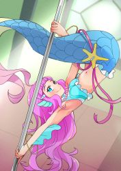 Rule 34 | 1girl, absurdres, hair ornament, highres, laura (precure), looking at viewer, mermaid, monster girl, pink hair, pole, pole dancing, precure, solo, tail, tropical-rouge! precure