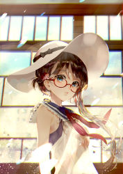 Rule 34 | 1girl, blue eyes, bow, brown hair, copyright request, flower, glasses, hair flower, hair ornament, hana (asml30), hat, hat bow, lace trim, long hair, looking at viewer, md5 mismatch, neckerchief, original, parted lips, red-framed eyewear, resolution mismatch, sailor collar, side ponytail, sleeveless, solo, source larger, sun hat, upper body, window