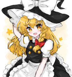 Rule 34 | 1girl, apron, arm up, black dress, black hat, blonde hair, blush, bow, braid, breasts, buttons, commentary request, dress, fang, frills, gradient background, hair between eyes, hair bow, hand on headwear, hand up, hat, hat bow, highres, kirisame marisa, koharu66353343, long hair, looking to the side, medium breasts, open mouth, puffy short sleeves, puffy sleeves, red bow, shirt, short sleeves, single braid, smile, solo, standing, star (symbol), tongue, touhou, white apron, white background, white bow, white shirt, witch hat, yellow background, yellow eyes