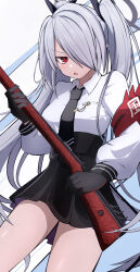 Rule 34 | 1girl, black gloves, black necktie, black skirt, blue archive, blush, collared shirt, cowboy shot, gloves, grey hair, gun, hair over one eye, highres, holding, holding gun, holding weapon, iori (blue archive), long hair, long sleeves, necktie, open mouth, pleated skirt, pointy ears, red eyes, shirt, skirt, solo, twintails, weapon, white shirt, yun (kbdenz9)
