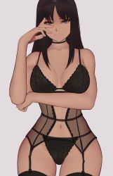Rule 34 | 1girl, absurdres, alternate breast size, arm under breasts, bad id, bad pixiv id, bare arms, black bra, black choker, black hair, black headband, black thighhighs, blue eyes, bra, breasts, choker, collarbone, eyebrows, floral print, grey background, headband, highres, light smile, lingerie, long hair, looking at viewer, medium breasts, navel, nightgown, seductive smile, see-through, simple background, sleeveless, smile, solo, thighhighs, tohno akiha, tsukihime, type-moon, underwear, underwear only, white background, wide hips, zaki (zaki btw)