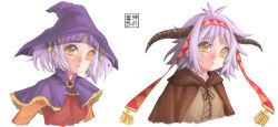 Rule 34 | 1girl, borrowed character, cape, capelet, cecilia (acerailgun), eudetenis, hair ribbon, hairband, hat, heterochromia, horns, multiple views, original, parted lips, ribbon, simple background, twintails, upper body, variations, white background, white hair, witch, witch hat, yellow eyes