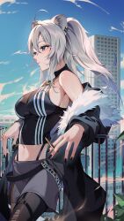 Rule 34 | 1girl, ahoge, animal ears, black jacket, black nails, black pantyhose, blue sky, breasts, bullet, cloud, commentary, day, ear piercing, fingernails, fur-trimmed jacket, fur trim, grey eyes, grey hair, grey shorts, highres, holding, holding bullet, hololive, jacket, kainown, large breasts, lion ears, lion girl, long hair, long sleeves, nail polish, navel, pantyhose, piercing, shishiro botan, shishiro botan (1st costume), shorts, sky, solo, standing, torn clothes, torn pantyhose, virtual youtuber