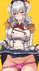 Rule 34 | 1girl, beret, black hat, black skirt, blue eyes, breasts, clothes lift, commentary request, employee uniform, epaulettes, frilled sleeves, frills, gloves, grey hair, groin, hat, hechi (hechi322), highres, jacket, kantai collection, kashima (kancolle), large breasts, military jacket, military uniform, neckerchief, panties, panty pull, pink panties, red neckerchief, skirt, skirt lift, solo, twintails, underwear, uniform, wavy hair, white gloves, yellow background