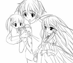 Rule 34 | 00s, 1boy, 2girls, ahoge, alastor (shakugan no shana), buttons, child, eating, family, father and daughter, gakuran, greyscale, holding, if they mated, jewelry, long hair, long sleeves, monochrome, mother and daughter, multiple girls, pendant, pregnant, sakai yuuji, school uniform, shakugan no shana, shana, simple background, upper body, very long hair, white background