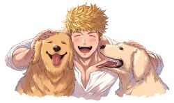 Rule 34 | 1boy, animal, blonde hair, blush, closed eyes, dog, granblue fantasy, highres, large pectorals, male focus, muscular, muscular male, open mouth, pectorals, shirt, short hair, simple background, smile, vane (granblue fantasy), white background, white shirt, zanki