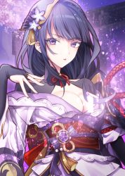 Rule 34 | 1girl, armor, breasts, bridal gauntlets, cleavage, commentary request, flower, genshin impact, hair ornament, japanese clothes, kimono, large breasts, long hair, long sleeves, looking at viewer, mole, mole under eye, obi, obiage, obijime, open mouth, parted lips, purple eyes, purple flower, purple hair, raiden shogun, ribbon, sash, shoulder armor, solo, tassel, tomoe (symbol), tsukasa kinako, wide sleeves