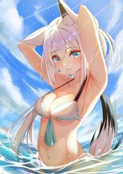 Rule 34 | 1girl, animal ear fluff, animal ears, arm behind head, armpits, arms up, bikini, blush, breasts, cleavage, cloud, cloudy sky, commentary request, day, fox ears, fox girl, fox tail, green eyes, hair between eyes, hair tie in mouth, highres, hololive, looking at viewer, medium breasts, mouth hold, navel, nojikorirakkusu, ocean, outdoors, partially submerged, shirakami fubuki, sky, solo, swimsuit, tail, tying hair, virtual youtuber, wet, white bikini, white hair