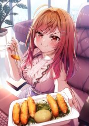 Rule 34 | 1girl, bare shoulders, belt, blush, breasts, chair, chopsticks, closed mouth, commentary request, couch, eating, giving food, hair ornament, hairclip, hand up, highres, holding, holding chopsticks, hololive, hololive dev is, ichijou ririka, indoors, large breasts, long hair, looking at viewer, orange hair, pink shirt, purple skirt, red eyes, shirt, shirt tucked in, shishou (doragyurosu), sitting, skirt, sleeveless, sleeveless shirt, solo, upper body, virtual youtuber, white belt