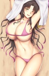Rule 34 | 10s, 1girl, arcie albano, arms up, bikini, black hair, blush, breasts, facial mark, fate/extra, fate/extra ccc, fate (series), forehead mark, gradient hair, huge breasts, long hair, looking at viewer, lying, multicolored hair, navel, on back, one eye closed, open mouth, purple bikini, purple hair, sessyoin kiara, smile, solo, swimsuit, towel, very long hair, wavy hair, yellow eyes