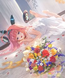Rule 34 | 1girl, ahoge, black choker, blue eyes, bouquet, choker, company name, copyright notice, dress, feet, feet up, flower, hairband, headgear, legs up, lishenna omen of destruction, long hair, looking at viewer, lying, official art, on stomach, open mouth, petals, pink hair, ponzu (catponz), shadowverse, smile, solo, white dress