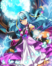 Rule 34 | 1girl, :d, blue eyes, blue hair, book, detached sleeves, hair ornament, highres, holding, holding book, long hair, looking at viewer, matching hair/eyes, open mouth, original, roh nam kyung, sky, smile, solo, tenkuu no crystalia, wind