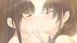Rule 34 | 2girls, bare shoulders, blush, braid, brown hair, close-up, closed eyes, eyelashes, flowers (innocent grey), from side, game cg, glasses, hanabishi rikka, hands on another&#039;s face, imminent kiss, multiple girls, official art, profile, shirahane suou, sugina miki, tears, twin braids, yuri