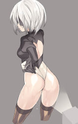 Rule 34 | 1girl, ass, black thighhighs, blade (galaxist), blindfold, brown thighhighs, drag-on dragoon, feather-trimmed sleeves, flashlight, gloves, grey background, hair over eyes, hand on own hip, highleg, highleg leotard, juliet sleeves, leotard, long sleeves, mole, mole under mouth, nier:automata, nier (series), puffy sleeves, shiny clothes, short hair, simple background, skindentation, solo, thighhighs, vambraces, white hair, white leotard, 2b (nier:automata)