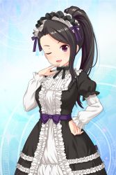 Rule 34 | 1girl, alternative girls, black dress, blue background, blush, breasts, brown hair, center frills, cowboy shot, dress, frills, gothic lolita, hairband, hand on own hip, highres, lolita fashion, lolita hairband, long sleeves, medium breasts, official art, ojou-sama pose, one eye closed, open mouth, ponytail, puffy long sleeves, puffy sleeves, purple eyes, saionji rei, simple background, smile