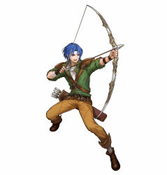Rule 34 | 1boy, armor, arrow (projectile), blue eyes, blue hair, bow (weapon), brown footwear, clenched hand, fire emblem, fire emblem: thracia 776, fire emblem heroes, full body, green shirt, headband, holding, holding bow (weapon), holding weapon, nintendo, official art, open mouth, pants, pauldrons, quiver, ronan (fire emblem), shirt, shoulder armor, uroko (mnr), weapon, white headband