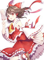 Rule 34 | 1girl, between fingers, bow, brown hair, detached sleeves, frilled shirt collar, frilled skirt, frills, hair bow, hair ribbon, hair tubes, hakurei reimu, holding, long sleeves, looking at viewer, medium hair, ofuda, open mouth, red bow, red eyes, red skirt, red vest, ribbon, ribbon-trimmed skirt, ribbon-trimmed sleeves, ribbon trim, risui (suzu rks), shoes, skirt, solo, touhou, vest, white background