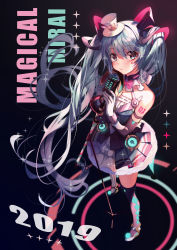 Rule 34 | 1girl, 2019, absurdres, akira (ying), asymmetrical legwear, black background, blush, copyright name, elbow gloves, full body, gloves, hair between eyes, hat, hatsune miku, highres, long hair, looking at viewer, magical mirai (vocaloid), magical mirai miku, magical mirai miku (2019), microphone, mini hat, mini top hat, mismatched legwear, skirt, solo, star-shaped pupils, star (symbol), symbol-shaped pupils, thighhighs, top hat, twintails, very long hair, vocaloid, white gloves