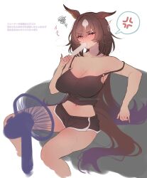 Rule 34 | 1girl, anger vein, animal ears, black tank top, blush, breasts, brown hair, cleavage, commentary, couch, ear ornament, electric fan, food, food in mouth, hair between eyes, highres, holding, holding food, holding popsicle, horse ears, horse girl, horse tail, large breasts, long hair, looking at viewer, midriff, mmm (mmm623), multicolored hair, navel, on couch, pinky out, popsicle, popsicle in mouth, red eyes, simple background, sirius symboli (umamusume), sitting, solo, spoken anger vein, squiggle, strap slip, streaked hair, symbol-only commentary, tail, tank top, translation request, twitter username, umamusume, very long hair, white background, white hair