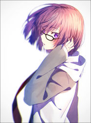Rule 34 | 1girl, black-framed eyewear, blurry, border, depth of field, fate/grand order, fate (series), from side, glasses, grey background, hakusai (tiahszld), hand in own hair, hood, hood down, hoodie, looking to the side, mash kyrielight, necktie, parted lips, purple eyes, purple hair, red necktie, short hair, sleeves past wrists, solo, upper body
