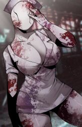 Rule 34 | 1girl, absurdres, artist request, blood, blood on clothes, blood on face, breasts, bubble head nurse, cleavage, curvy, faceless, faceless female, gloves, hat, highres, large breasts, monster girl, no eyes, nurse, nurse (silent hill), nurse cap, shiny skin, silent hill, silent hill (series), silent hill 2, simple background, solo, white gloves, wide hips