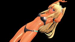 Rule 34 | 1girl, 3d, arm up, artist request, bare legs, bare shoulders, bikini, black background, black bikini, blonde hair, blue eyes, breasts, curvy, dark-skinned female, dark skin, futaba lili ramses, highres, long hair, looking at viewer, looking to the side, magical girl, shiny skin, side-tie bikini bottom, simple background, small breasts, solo, swimsuit, tentacle and witches, twintails