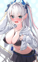 Rule 34 | 1girl, ahoge, azur lane, between breasts, black skirt, blue horns, blue ribbon, blush, breasts, cleavage, covered erect nipples, cropped jacket, fang, green eyes, grey hair, hair between eyes, hair intakes, hair ribbon, highres, horns, humo, jacket, large breasts, long hair, long sleeves, looking at viewer, navel, official alternate costume, open clothes, open jacket, open mouth, pleated skirt, ribbon, skirt, solo, stomach, suffren (azur lane), suffren (impulsive incident) (azur lane), sweat, two-tone ribbon, two side up, wavy mouth, white jacket, white ribbon