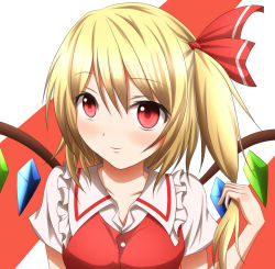 Rule 34 | 1girl, bad id, bad pixiv id, blonde hair, blouse, female focus, flandre scarlet, holding, holding hair, kuroganeruto, light smile, no headwear, red eyes, shirt, short hair, short sleeves, side ponytail, simple background, solo, striped, striped background, touhou, upper body, vest, wings