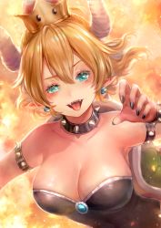 Rule 34 | 1girl, armlet, bare shoulders, blonde hair, blue eyes, blush, bowsette, bracelet, breasts, cleavage, collar, covered navel, crown, earrings, fang, fiery background, fire, hair between eyes, highres, horns, jewelry, large breasts, long hair, looking at viewer, mario (series), monster girl, nail polish, new super mario bros. u deluxe, nintendo, open mouth, pointy ears, smile, solo, spiked armlet, spiked bracelet, spiked collar, spiked shell, spikes, strapless, super crown, super mario bros. 1, tongue, tongue out, upper body
