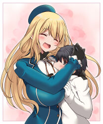 Rule 34 | 1boy, 1girl, absurdres, admiral (kancolle), age difference, atago (kancolle), black gloves, black hair, blonde hair, blush, border, breasts, buttons, child, closed eyes, closed mouth, commentary request, commission, dot nose, from side, gloves, hand on another&#039;s head, hat, height difference, highres, huge breasts, kantai collection, kurokaze no sora, long hair, long sleeves, military, military uniform, onee-shota, open mouth, outside border, short hair, skeb commission, uniform, upper body, white border, white gloves