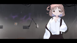 Rule 34 | 1girl, artist name, black ribbon, black skirt, brown eyes, brown hair, cable, cheshikk, closed mouth, collared shirt, colored inner hair, commentary, cowboy shot, grey hair, hair ribbon, hand up, hatoba tsugu, highres, letterboxed, light blush, light particles, looking at viewer, mole, mole under eye, multicolored hair, no headwear, oversized clothes, oversized shirt, popped collar, raised eyebrow, ribbon, shirt, shirt tucked in, short hair, single hair ring, skirt, sleeves past fingers, sleeves past wrists, solo, straight-on, suspender skirt, suspenders, suspenders slip, tsugu (vtuber), virtual youtuber, wall, wall lamp