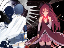 Rule 34 | 10s, 2girls, :d, bare shoulders, black thighhighs, blue hair, bow, cape, checkered floor, damegane, detached sleeves, floor, from behind, gloves, grin, hair bow, hand on own chest, highres, light, long hair, magical girl, mahou shoujo madoka magica, mahou shoujo madoka magica (anime), miki sayaka, multiple girls, open mouth, polearm, ponytail, red eyes, red hair, sakura kyoko, short hair, silhouette, smile, spear, sword, thighhighs, wallpaper, weapon, white gloves