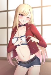 Rule 34 | 1girl, absurdres, bandeau, belt, black belt, black choker, blonde hair, blush, breasts, choker, cleavage, cleavage cutout, clothing cutout, collarbone, commentary request, cosplay, cowboy shot, cutoffs, denim, denim shorts, fate/apocrypha, fate (series), grin, groin, head tilt, heart, heart hands, highres, indoors, jacket, kitagawa marin, long hair, long sleeves, looking at viewer, medium breasts, midriff, mordred (fate), mordred (fate/apocrypha), mordred (fate/apocrypha) (cosplay), mordred (memories at trifas) (fate), nail polish, navel, one eye closed, open clothes, open jacket, pendreon, pink eyes, pink nails, red jacket, short shorts, shorts, smile, solo, sono bisque doll wa koi wo suru, spaghetti strap, standing, stomach, very long hair