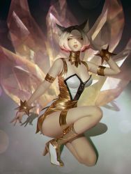 Rule 34 | 1girl, absurdres, ahri (league of legends), animal ears, armlet, bare shoulders, blonde hair, boots, bracelet, breasts, cleavage, fingernails, fox ears, fox tail, gold, gold trim, high heel boots, high heels, highres, huge filesize, jewelry, k/da (league of legends), k/da ahri, kitsune, kneeling, league of legends, long fingernails, looking at viewer, medium breasts, multiple tails, olesyaspitz, on one knee, parted lips, pink lips, shadow, sharp fingernails, short hair, solo, tail, turtleneck, yellow eyes